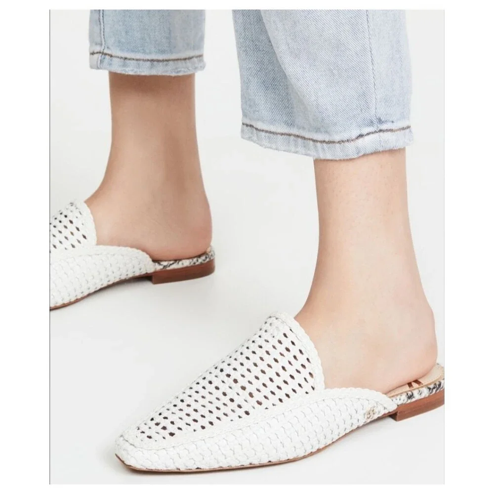 Sam Edelman Elva Mules Slip On Flats Woven Leather Cream Pointed Toe Slides 7
